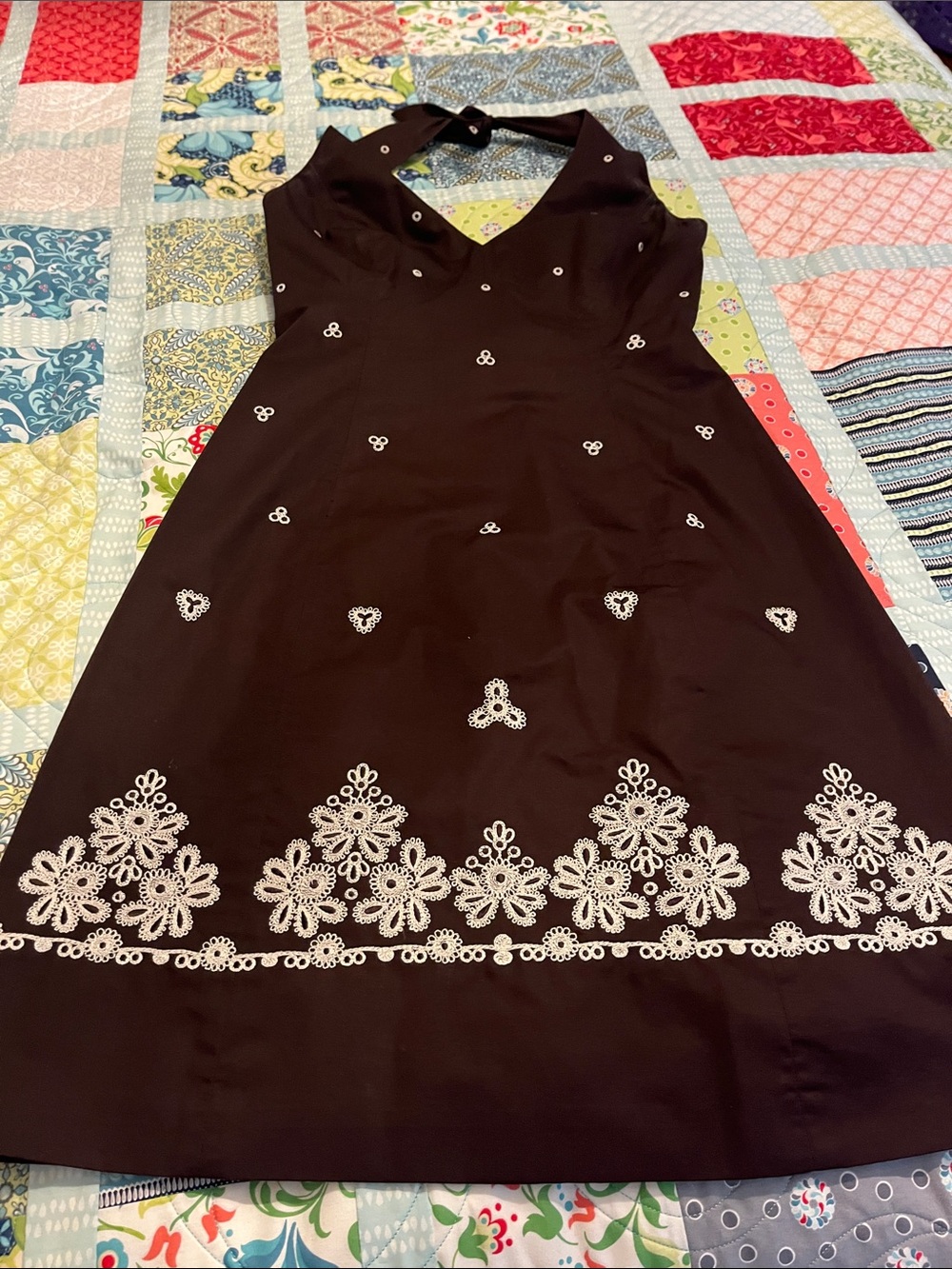 Jones New York Black Halter Dress with cream embroidered Trim